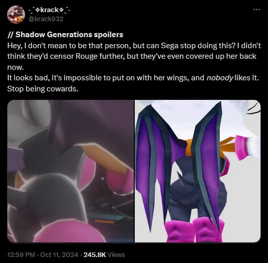 Twitter users discover that Sega has censored Rouge the Bat, but not Amy Rose, in 'Sonic X Shadow Generations'.