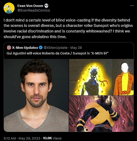 @EvanReadsComics criticizes Gui Augstini's casting as Sunspot in Marvel's 'X-Men '97'