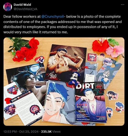 English anime voice actor David Wald claims Crunchyroll spent the last five years stealing his mail.