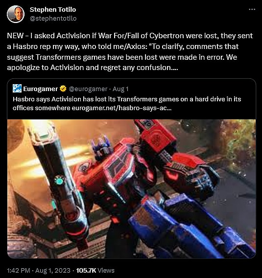 Axios reporter Stephen Totillo relays a response he received from Hasbro regarding Activision's supposed loss of the source codes to the 'Transformers: Cybertron' series.