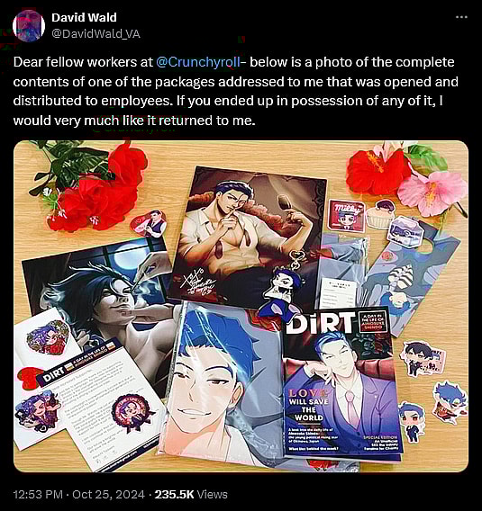 English anime voice actor David Wald claims Crunchyroll spent the last five years stealing his mail.