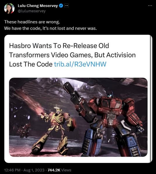 Activision COO Lulu Cheng Meservey responds to reports that the developer lost the source codes to the 'Transformers: Cybertron' series.