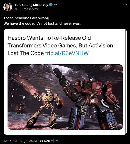 Activision COO Lulu Cheng Meservey responds to reports developer lost source codes to Transformers
