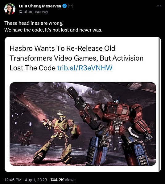 Activision COO Lulu Cheng Meservey responds to reports that the developer lost the source codes to the 'Transformers: Cybertron' series.