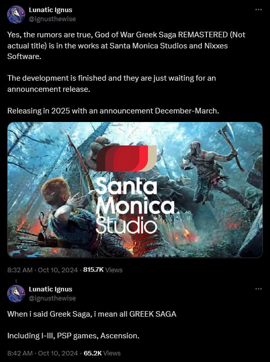 Scooper @IgnusTheWise drops info about a potential 'God of War' Greek Saga collection from Sony Santa Monica.