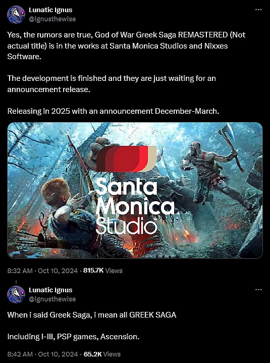 Scooper @IgnusTheWise drops info about a potential 'God of War' Greek Saga collection from Sony Santa Monica.