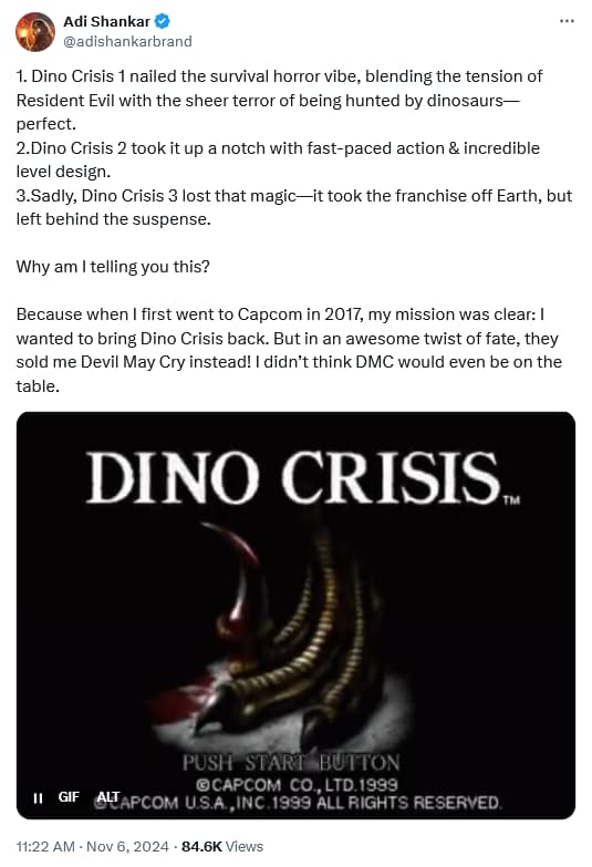 Netflix's 'Devil May Cry' creator Adi Shankar reveals he originally approached Capcom to work on 'Dino Crisis'.