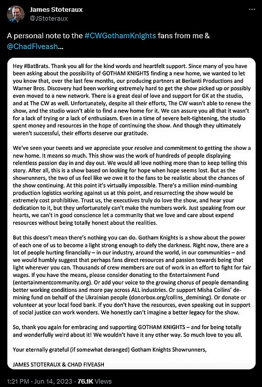 'Gotham Knights' Showrunner James Stoteraux deconfirms possible series continuation.