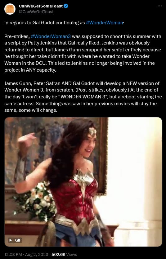  @CanWeGetToas offers some supposed insight into the 'Wonder Woman 3' situation