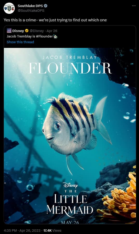 The Southlake, Texas Department of Public Safety weighs in on 'The Little Mermaid's' new version of Flounder.
