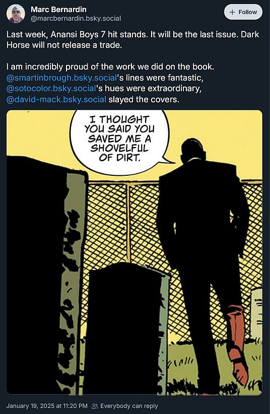 Neil Gaiman's Anansi Boys writer Marc Bernardin announces Dark Horse series cancellation after