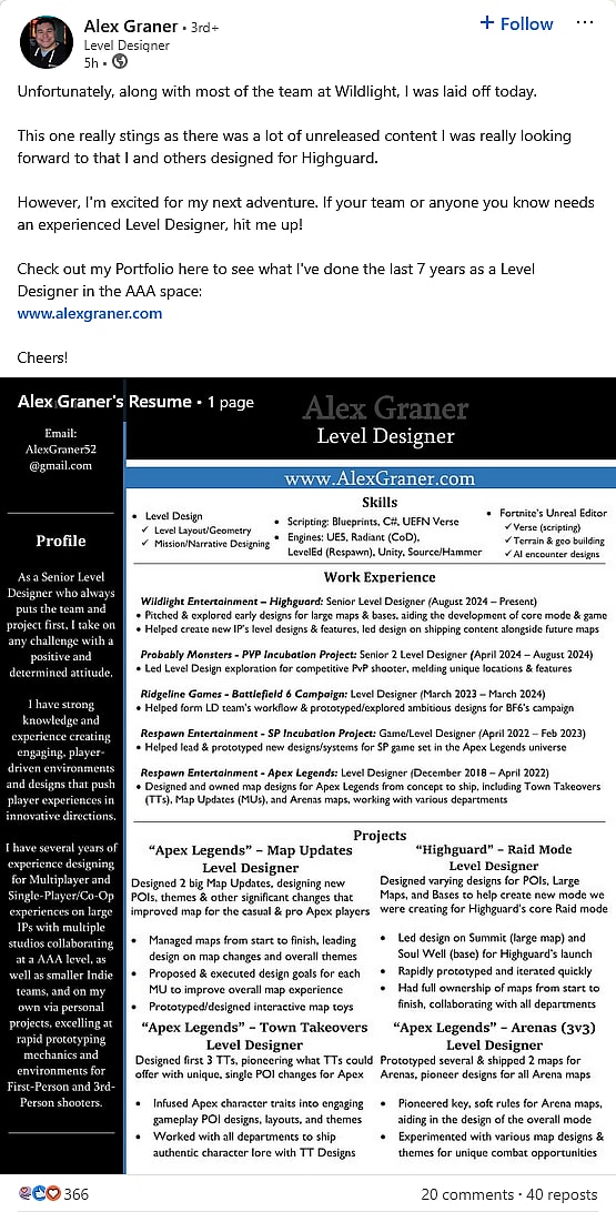 'Highguard' level designer Alex Graner announces a majority of the Wildlight Entertainment team has been laid off via his personal LinkedIn page.