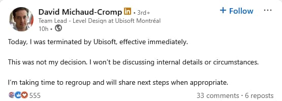 Now-former 'Assassin's Creed' mission designer David Michaud-Cromp vents his frustrations with Ubisoft on his personal LinkedIn page.