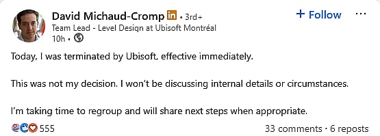 Now-former 'Assassin's Creed' mission designer David Michaud-Cromp vents his frustrations with Ubisoft on his personal LinkedIn page.