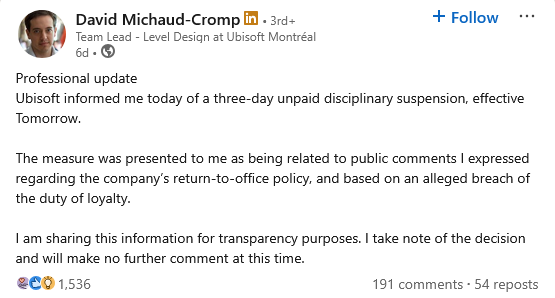 Now-former 'Assassin's Creed' mission designer David Michaud-Cromp vents his frustrations with Ubisoft on his personal LinkedIn page.