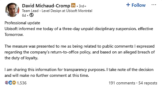 Now-former 'Assassin's Creed' mission designer David Michaud-Cromp vents his frustrations with Ubisoft on his personal LinkedIn page.