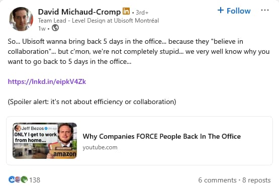 Now-former 'Assassin's Creed' mission designer David Michaud-Cromp vents his frustrations with Ubisoft on his personal LinkedIn page.