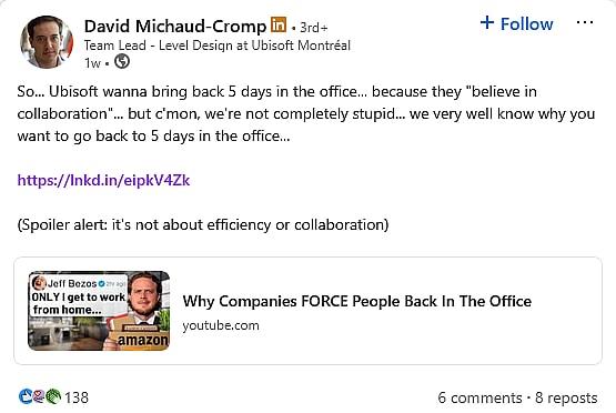 Now-former 'Assassin's Creed' mission designer David Michaud-Cromp vents his frustrations with Ubisoft on his personal LinkedIn page.
