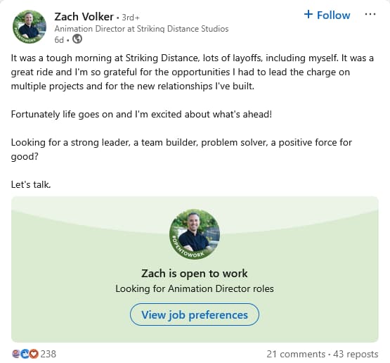 Numerous Striking Game Studios employees announce their job losses via their personal LinkedIn pages.