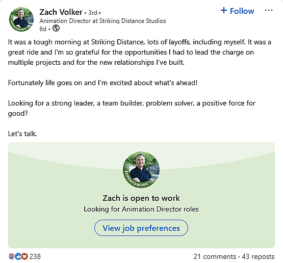 Numerous Striking Game Studios employees announce their job losses via their personal LinkedIn pages.