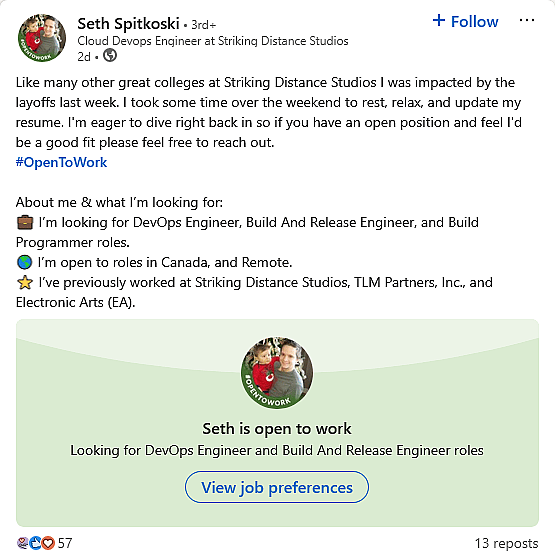 Numerous Striking Game Studios employees announce their job losses via their personal LinkedIn pages.