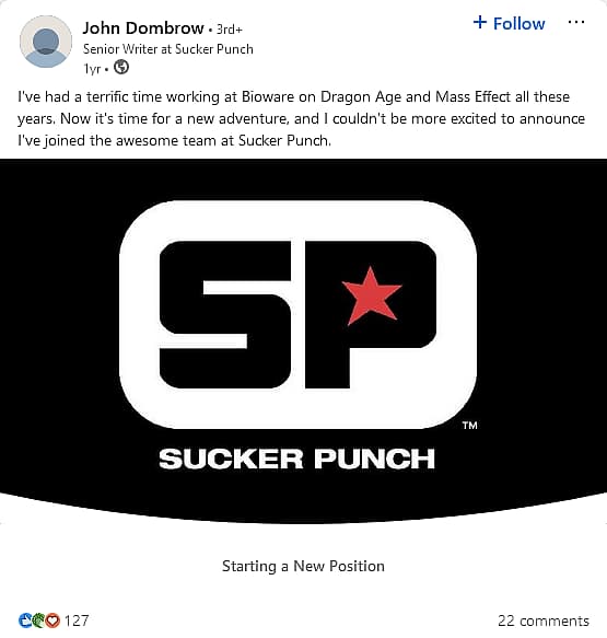 BioWare writer John Dombrow announces her departure for Sucker Punch Productions.