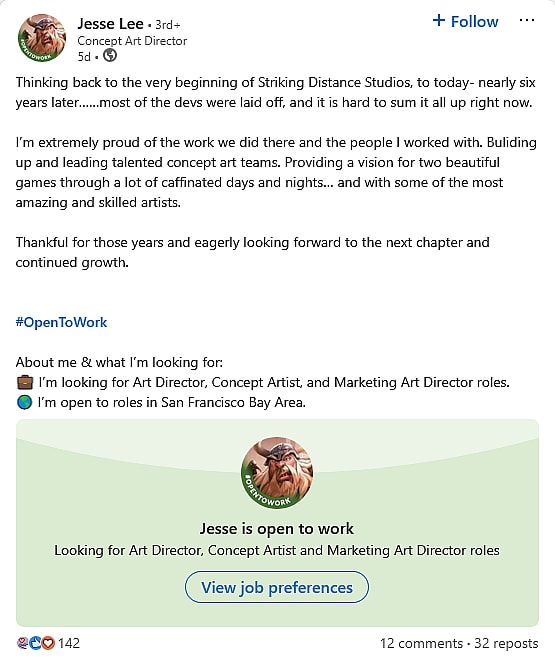 Numerous Striking Game Studios employees announce their job losses via their personal LinkedIn pages.