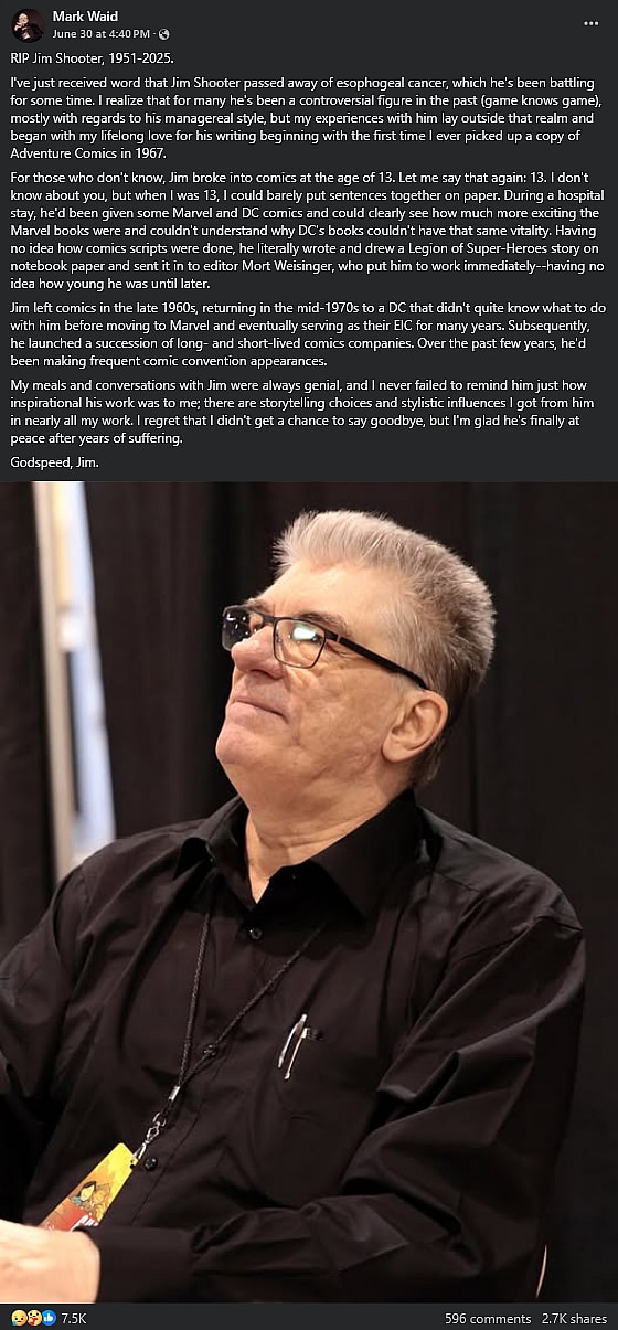 Mark Waid announces the death of Jim Shooter