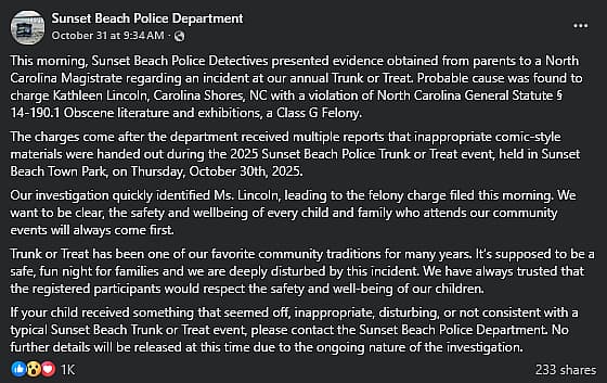 Sunset Beach Police announce arrest for distributing Grendel comics on Halloween