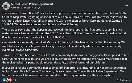 The Sunset Beach Police Department announce the arrest of Kathleen Lincoln for distributing 'Grendel' comics on Halloween.