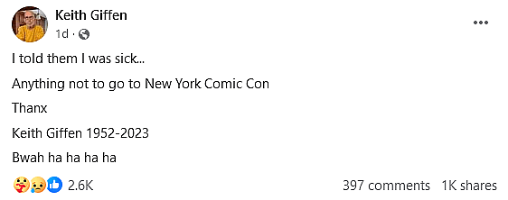 Keith Giffen says farewell via Facebook