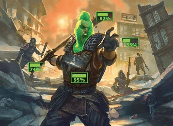 V.A.T.S. via Card #50 Magic: The Gathering - Fallout, Wizards of the Coast. Art by Diego Gisbert.