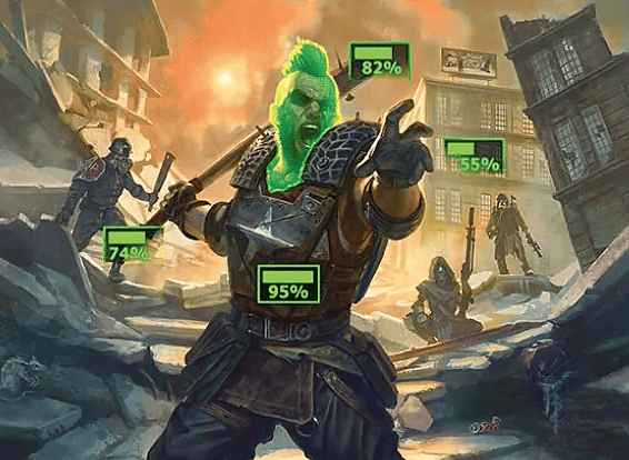 V.A.T.S. via Card #50 Magic: The Gathering - Fallout, Wizards of the Coast. Art by Diego Gisbert.