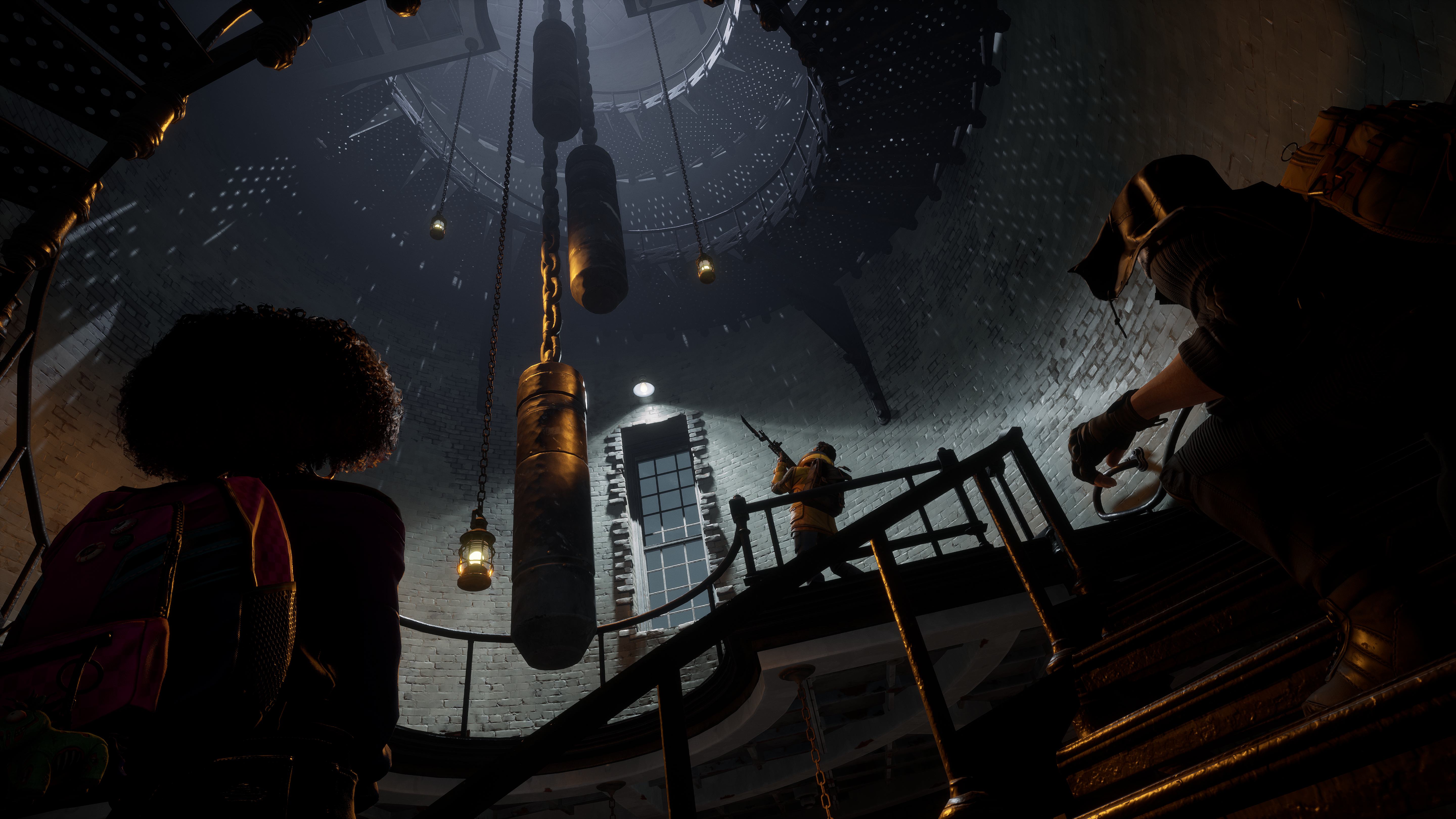 The gang climb a clock tower in Redfall (2023), Bethesda Softworks