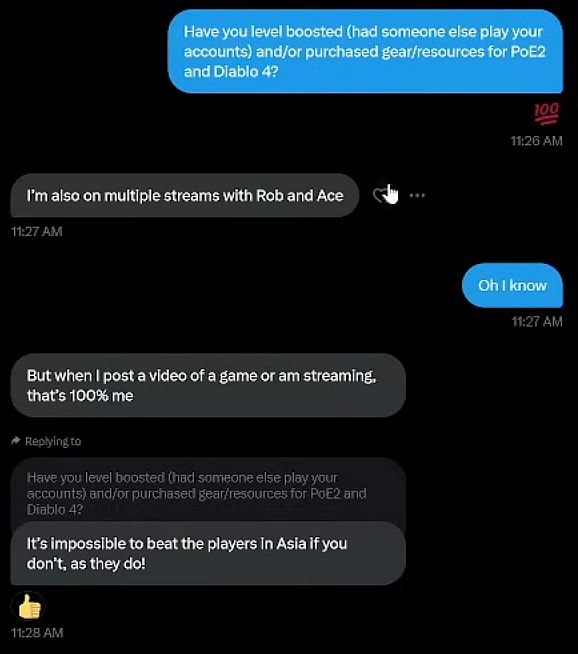Direct messages exchanged between Elon Musk (Grey) and YouTuber NikoWrex (Blue) regarding the former's recent Path of Exile 2 controversy