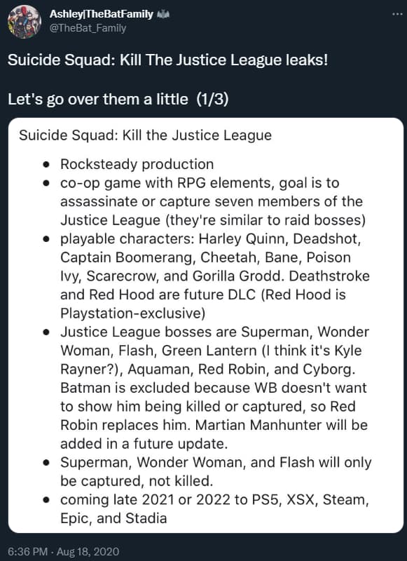 TheBat_Family shares alleged leaks from Suicide Squad: Kill The Justice League via Twitter