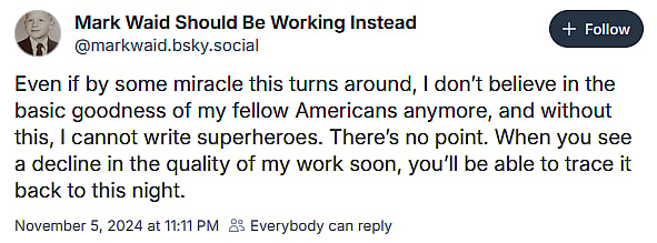 DC's 'Action Comics' writer Mark Waid laments the re-election of Donald Trump.