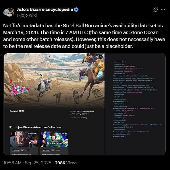 The JJBA wiki digs into the Netflix metadata for  JoJo Bizarre Adventure Part 7: Steel Ball Run (2026), David Productions