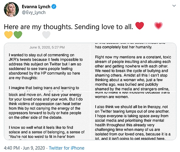 Evanna Lynch weighs in on J.K. Rowling's opinion on transgender issues