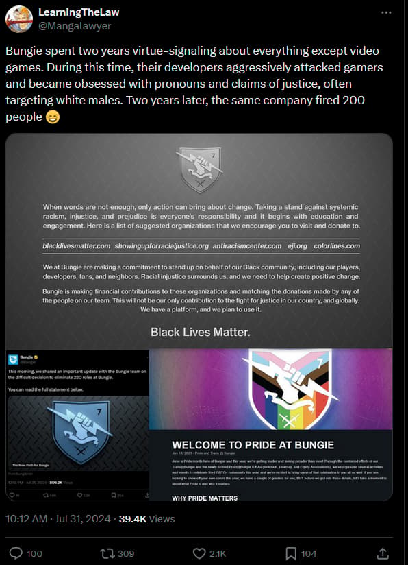 Bungie spent two years virtue-signaling about everything except video games. During this time, their developers aggressively attacked gamers and became obsessed with pronouns and claims of justice, often targeting white males. Two years later, the same company fired 200 people 😆