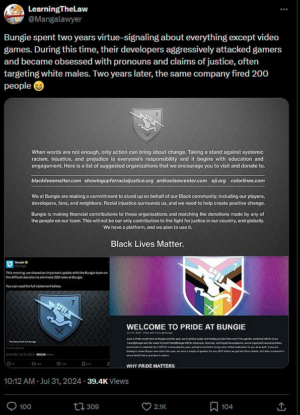 Bungie's two-year focus on virtue-signaling and social messaging precedes major staff layoffs