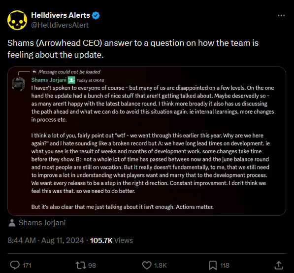 Shams (Arrowhead CEO) answer to a question on how the team is feeling about the update.