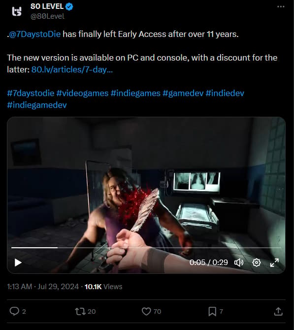 .@7DaystoDie
 has finally left Early Access after over 11 years.

The new version is available on PC and console, with a discount for the latter: https://80.lv/articles/7-days-to-die-is-finally-out-of-early-access-after-11-years/

#7daystodie #videogames #indiegames #gamedev #indiedev #indiegamedev