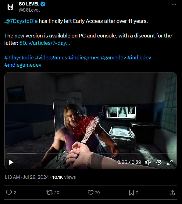 .@7DaystoDie
has finally left Early Access after over 11 years.
The new version is available on PC and console, with a discount for the latter: https://80.lv/articles/7-days-to-die-is-finally-out-of-early-access-after-11-years/
#7daystodie #videogames #indiegames #gamedev #indiedev #indiegamedev