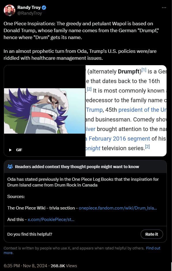 Netflix's 'One Piece' Season 2 writer Randy Troy attempts to link Wapol to Donald Trump.