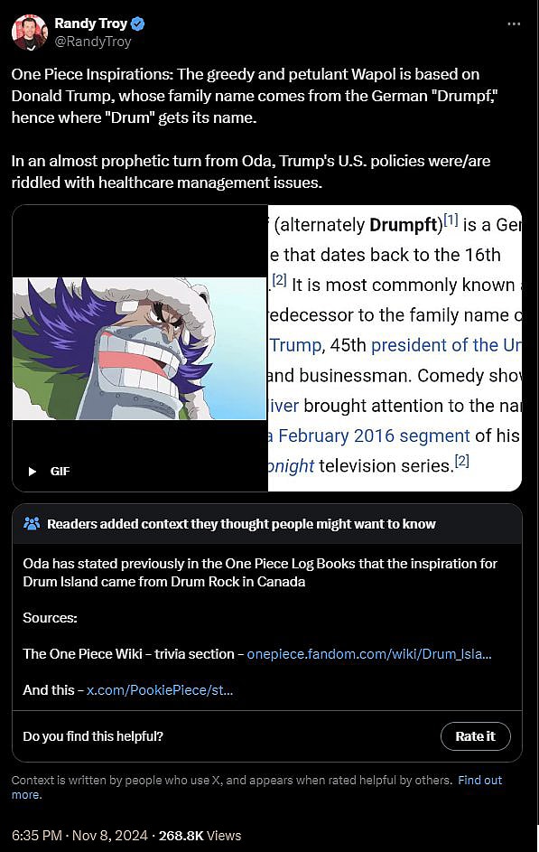 Netflix's 'One Piece' Season 2 writer Randy Troy attempts to link Wapol to Donald Trump.