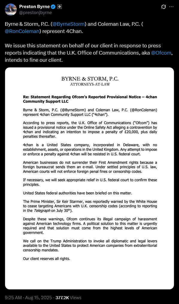 4chan attorneys Preston Byrne, Byrne & Storm, P.C., and Ron Coleman, Coleman Law P.C., formally reject Ofcom's attempt to censor their client.