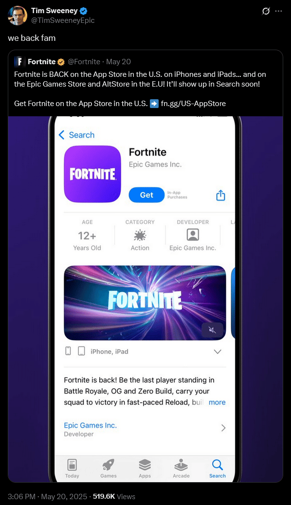 Epic Games CEO Tim Sweeney announces the return of 'Fortnite' to the Apple App Store.