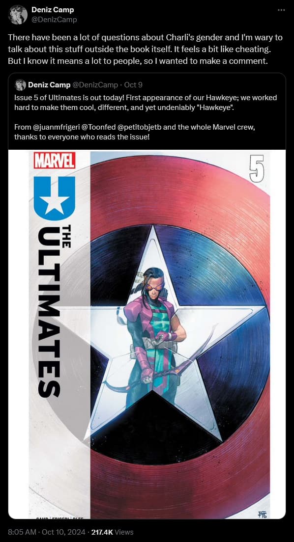 'The Ultimates' writer Deniz Camp confirms Ultimate Hawkeye uses they/them pronouns.