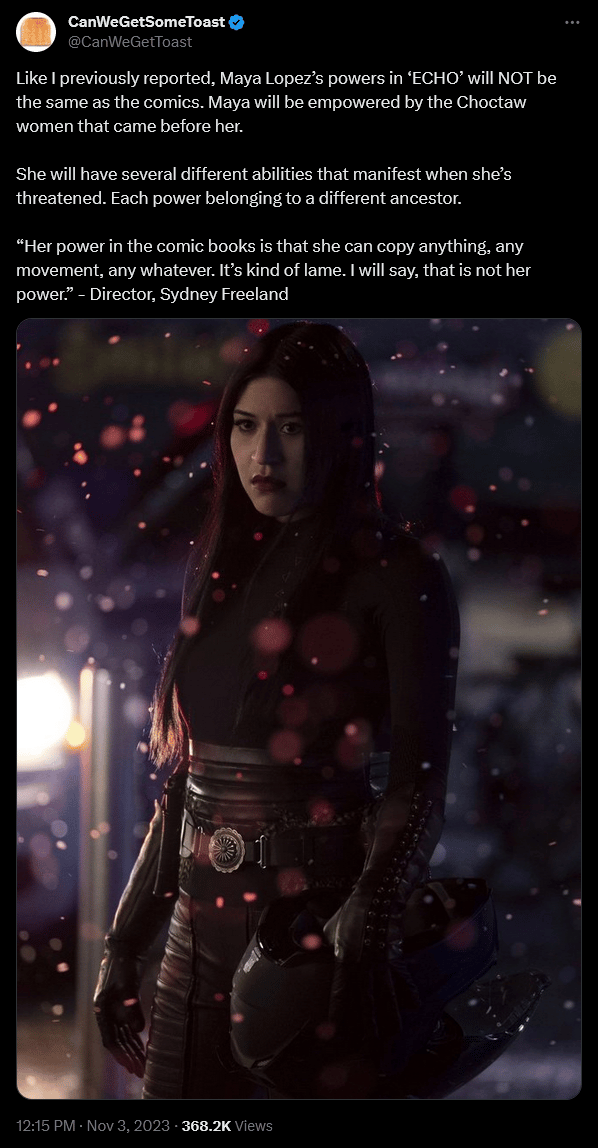 @CanWeGetToast weighs in on the power changes to Maya in 'Marvel's Echo'